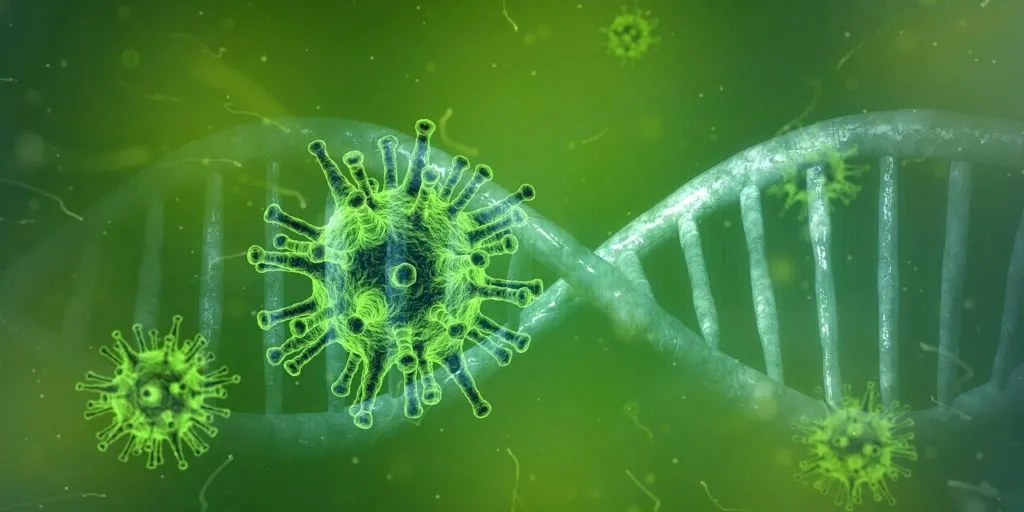 Microscopic view of COVID-19 virus particles and DNA strands, illustrating the virus's structure and its impact on health, relevant to COVID-19 health measures and virtual consultations at ICON Pediatric Dentistry & Orthodontics.